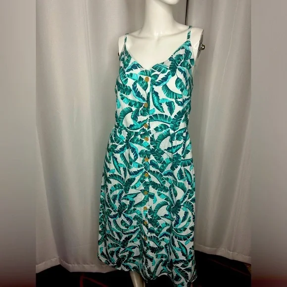 Joe Fresh | Dresses | Joe Fresh Nwt Green Tropical Print Midibuttoned Dress  Linen Cotton Mix | Poshmark